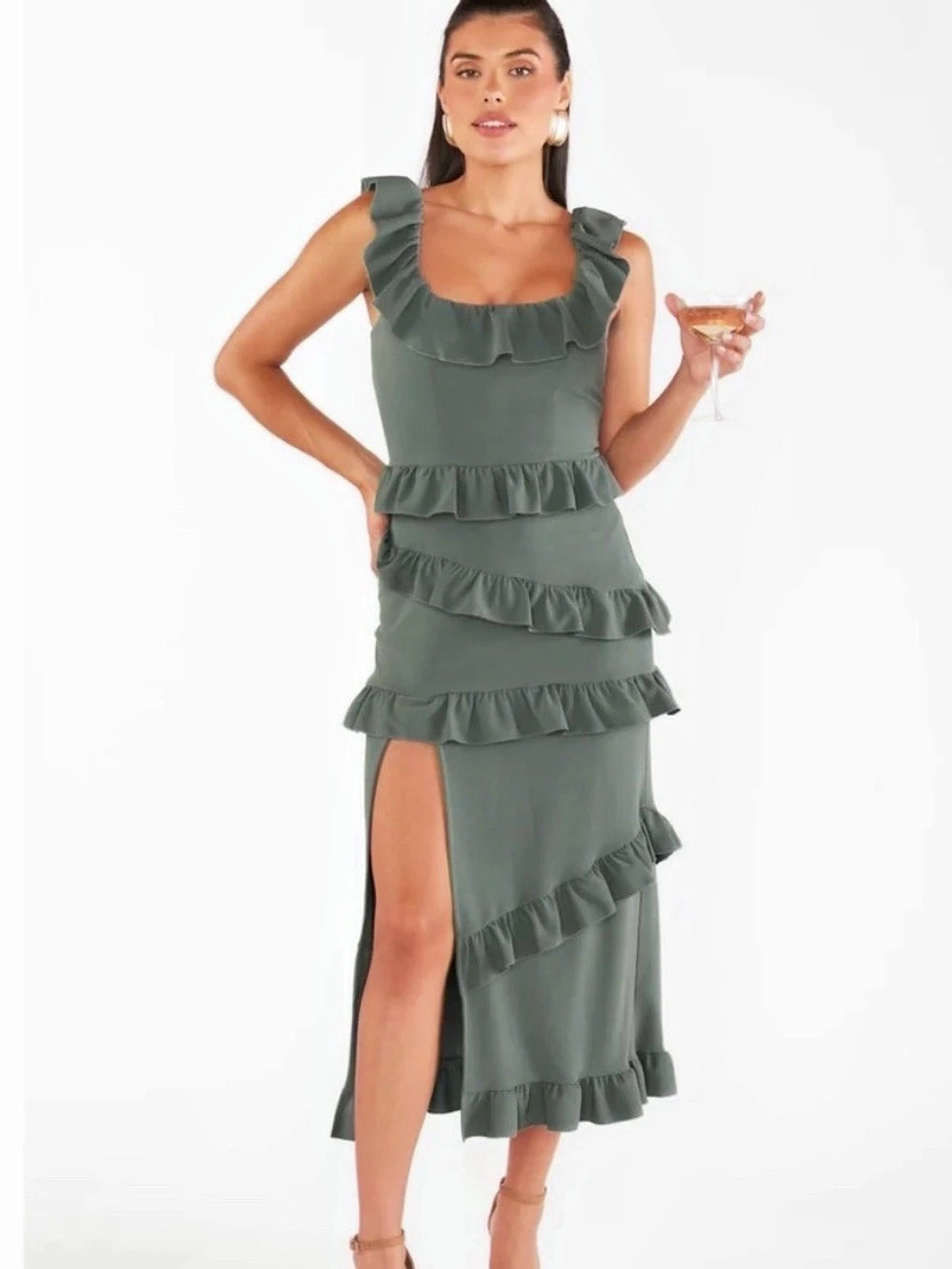 SHOW ME YOUR MUMU Green Ruffle Midi Dress Like New